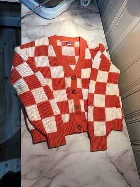 Old Navy Kids Girls Orange and White Checkered Knit Cardigan Sweater Size XL 12